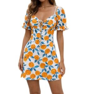 Orange Citrus Print Puff Sleeve Mini Dress | Size M
